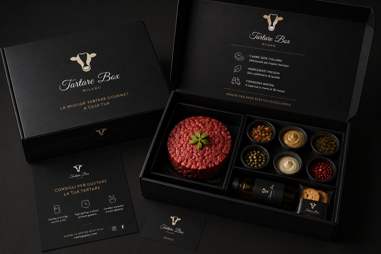 Tartare Box aperta: la tartare rotonda, sei coppette di condimenti, la bottiglia d'olio, i crostini e la card con i consigli