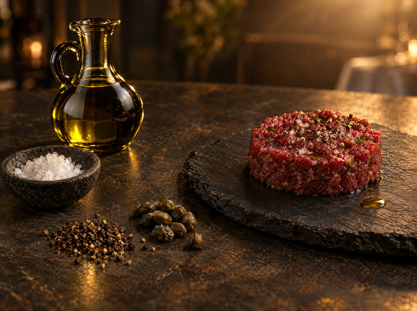 Olio extravergine, sale in fiocchi, pepe e capperi accanto alla tartare