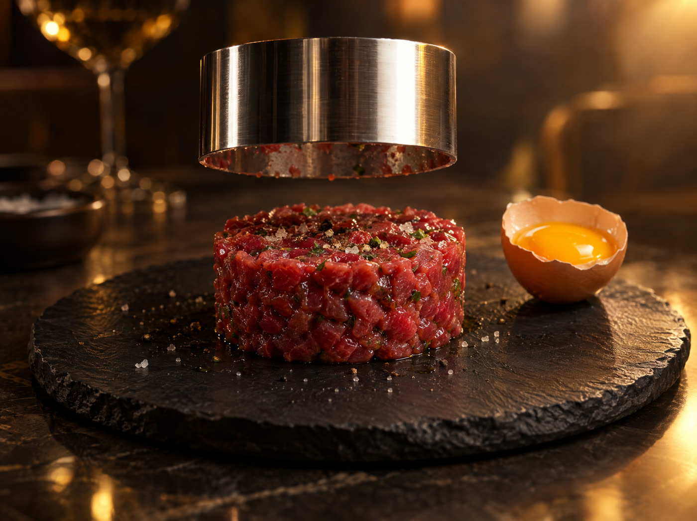 Coppapasta d'acciaio sollevato da una tartare rotonda, con un tuorlo nel guscio accanto